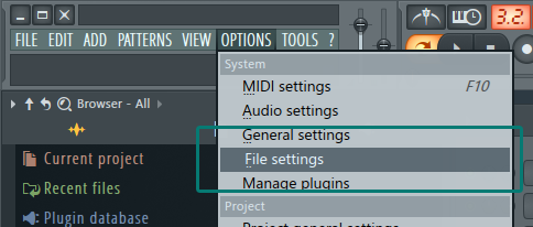 Step 1: Options - File SEttings Banner How to add Sample Library to FL Studio Tutorial Music Production Blog
